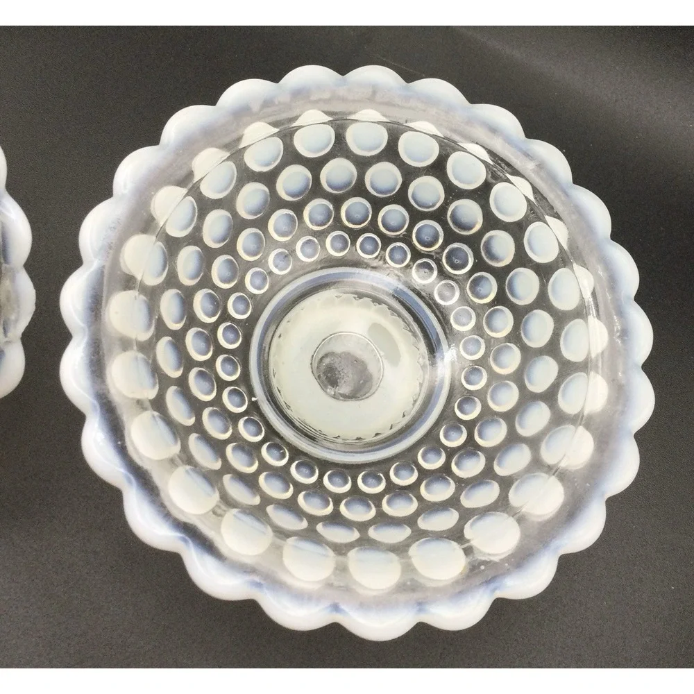 Vintage Anchor Hocking Set 2 White Opalescent Hobnail Moonstone Candle Holders